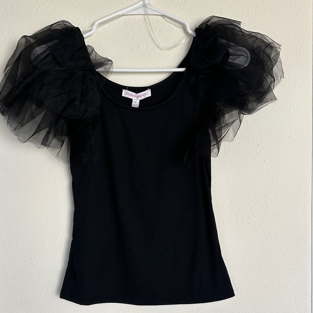 NWT Black Tulle Puff-Sleeve Ribbed Top